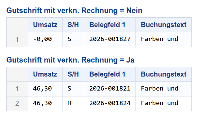 Tabellenansicht Gutschrift Vergleich