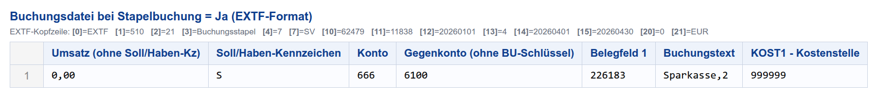 Tabellenansicht Stapelbuchung Ja