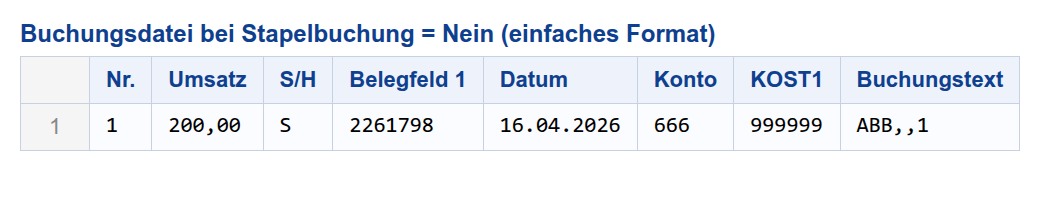 Tabellenansicht Stapelbuchung Nein